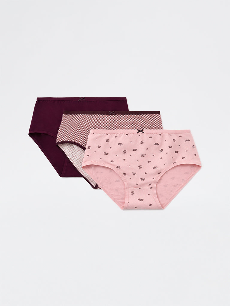 Wunderlove Burgundy Checkered Cotton-Blend High-Rise Briefs - Pack of 3