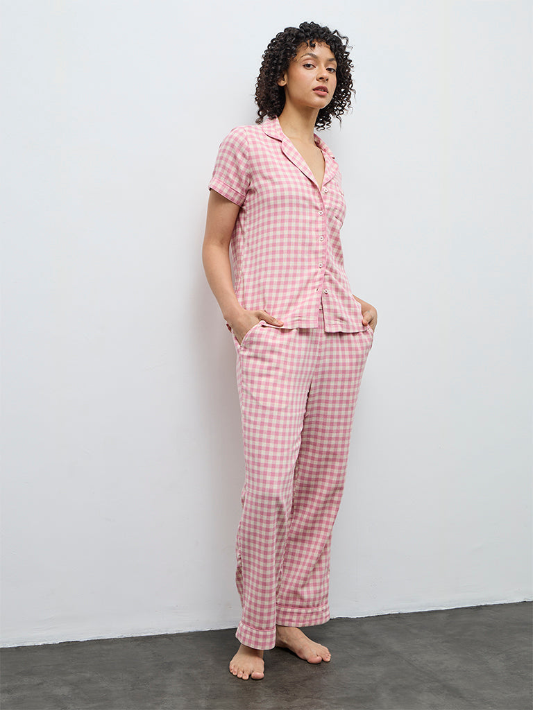 Wunderlove Pink Checkered Cotton Shirt and Pyjamas Set