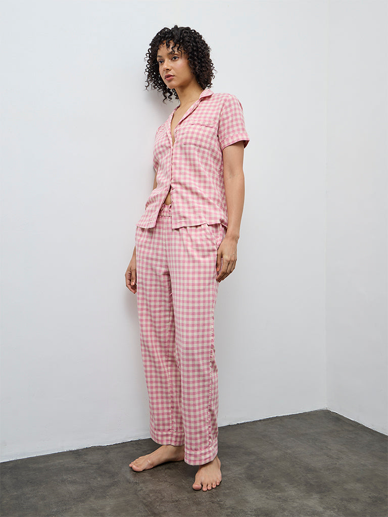 Wunderlove Pink Checkered Cotton Shirt and Pyjamas Set