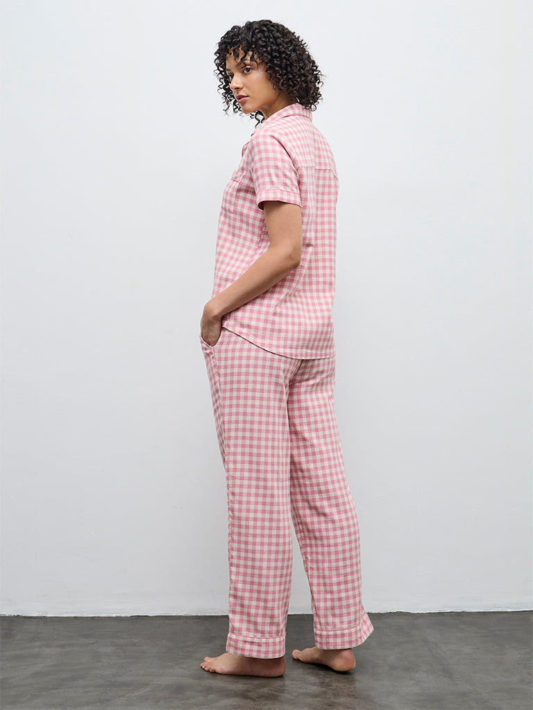 Wunderlove Pink Checkered Cotton Shirt and Pyjamas Set