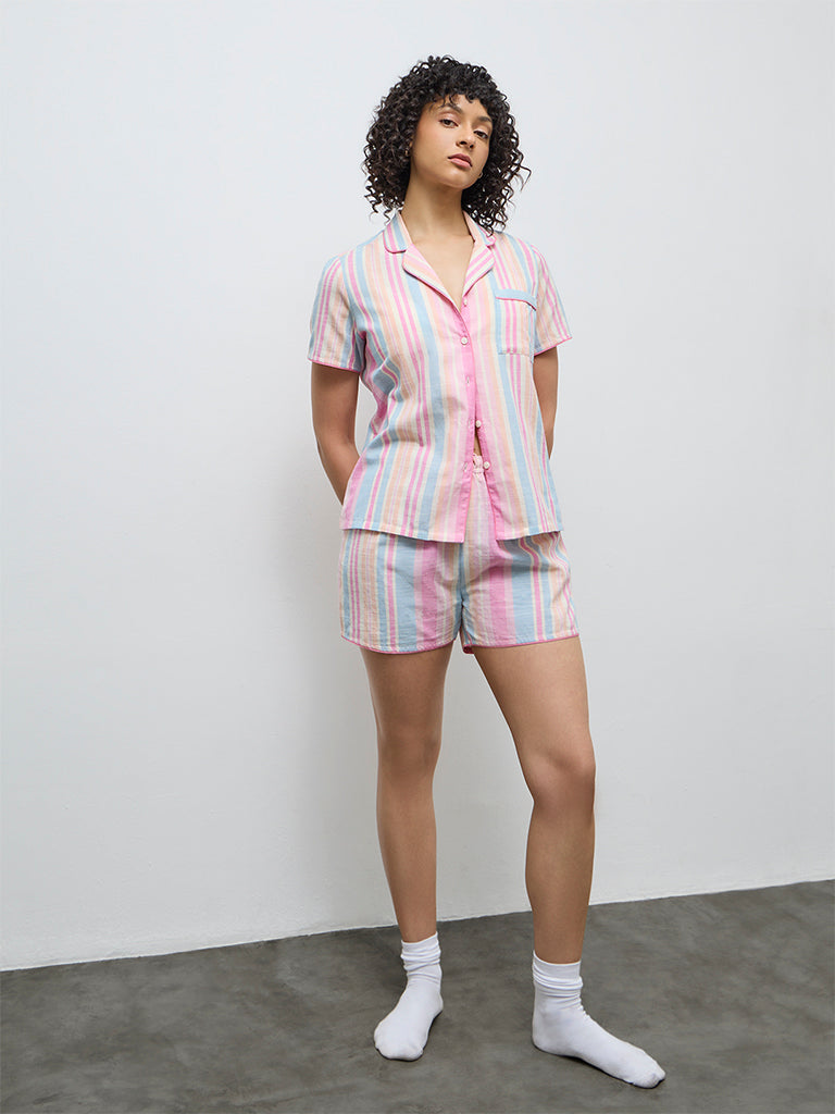 Wunderlove Multicolour Striped Cotton Shirt and Shorts Set
