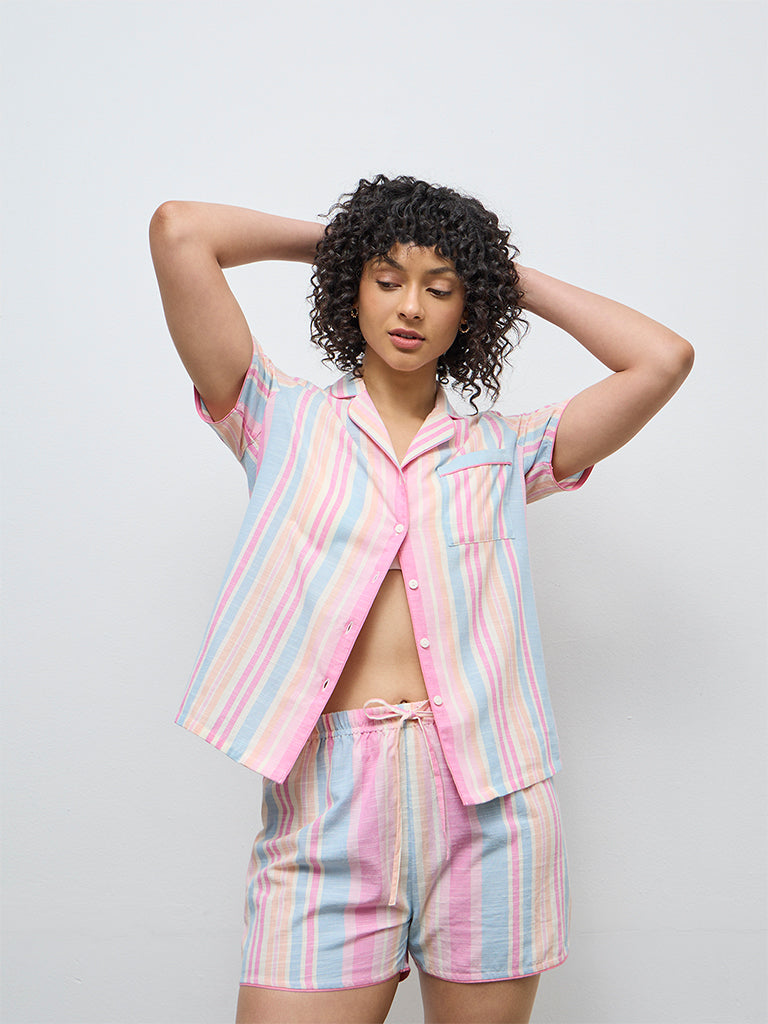 Wunderlove Multicolour Striped Cotton Shirt and Shorts Set