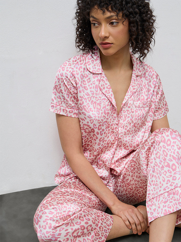 Wunderlove Pink Animal Satin Shirt and Pyjama Set