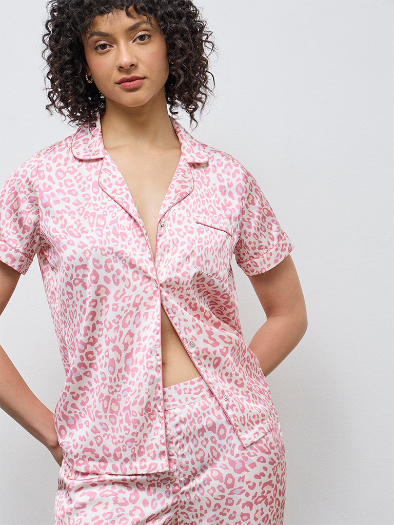 Wunderlove Pink Animal Satin Shirt and Pyjama Set