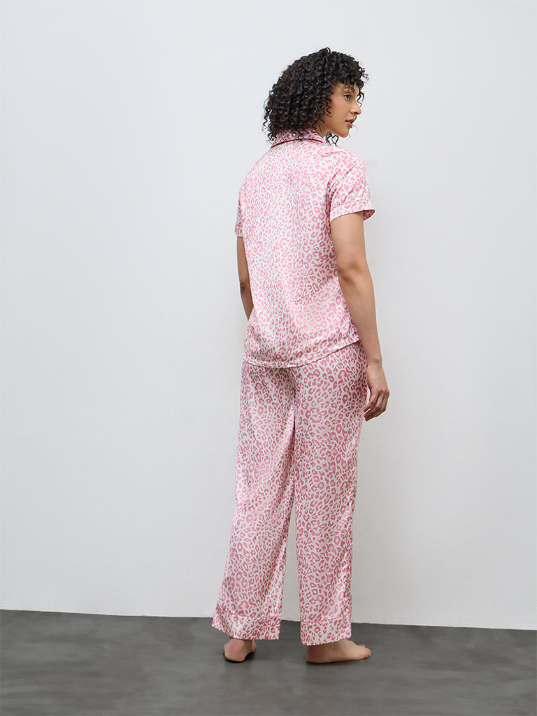 Wunderlove Pink Animal Satin Shirt and Pyjama Set