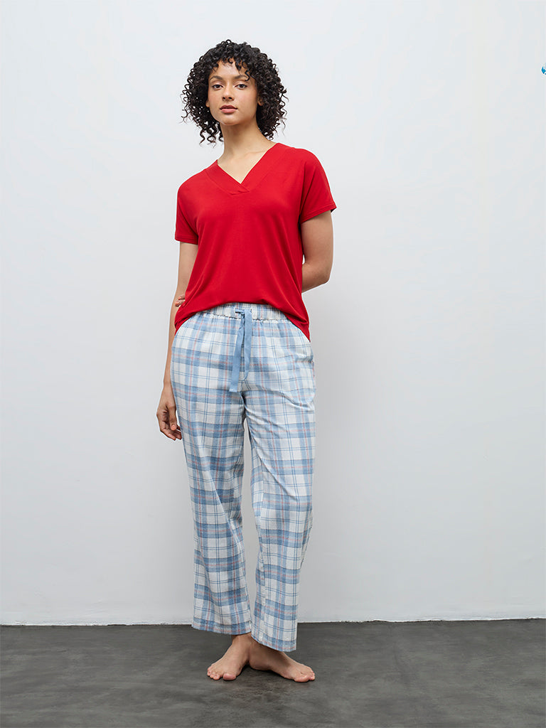 Wunderlove Light Blue Checkered High-Rise Cotton Pyjamas