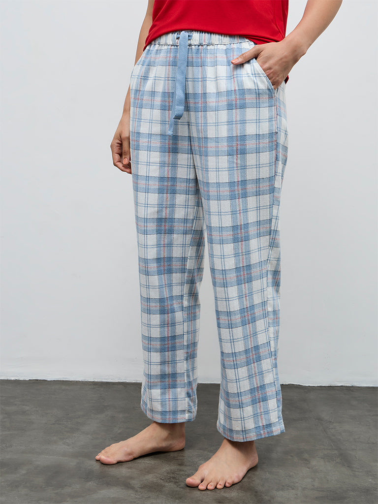 Wunderlove Light Blue Checkered High-Rise Cotton Pyjamas