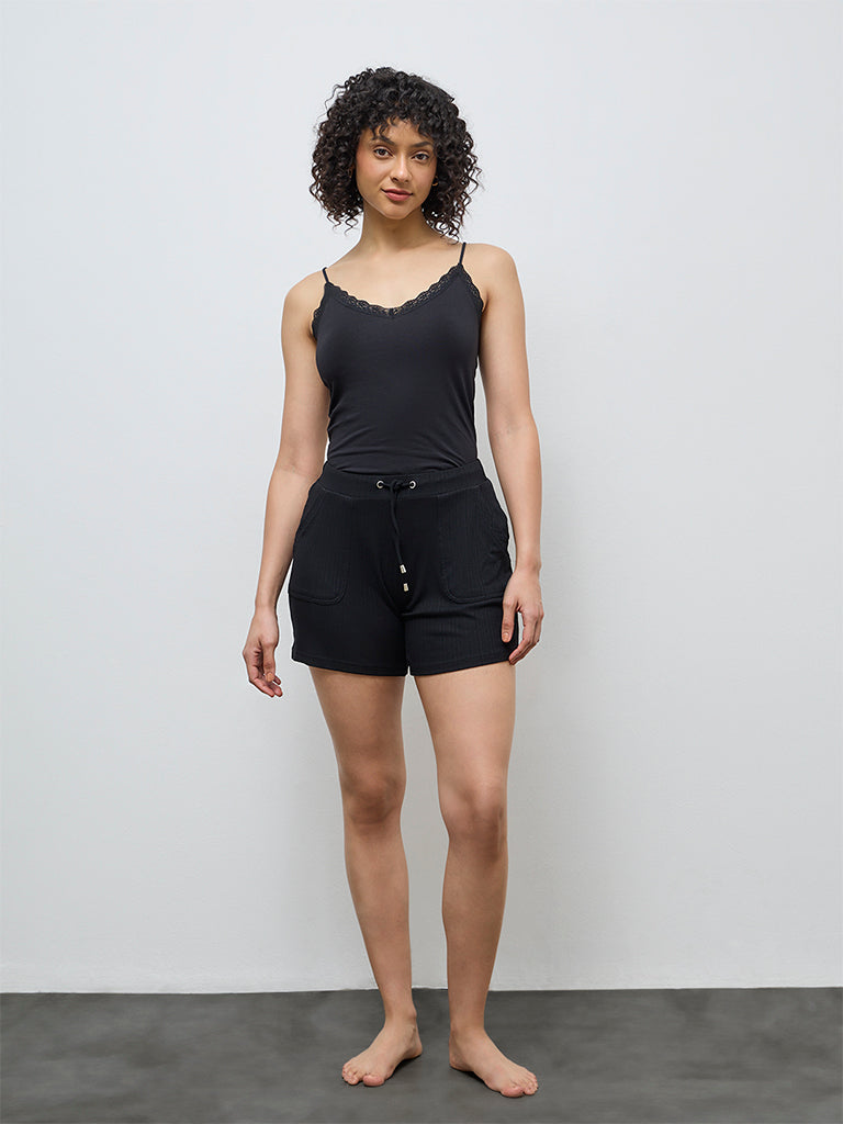 Wunderlove Black Ribbed-Textured High-Rise Shorts
