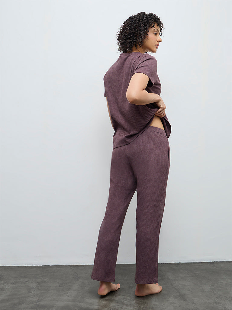 Wunderlove Dark Mauve Self-Striped High-Rise Pants