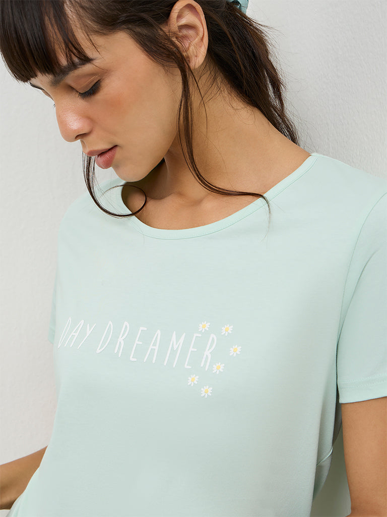 Wunderlove Sage Text Printed Cotton T-Shirt