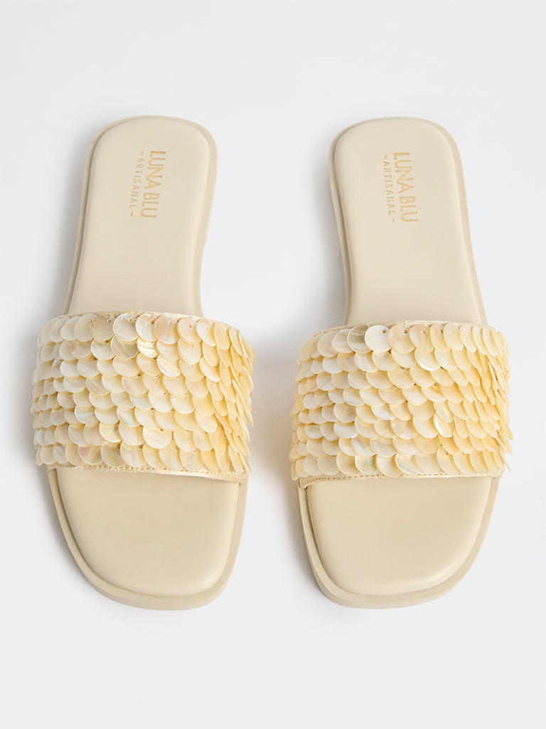 LUNA BLU Ivory Shell Embellished Slides