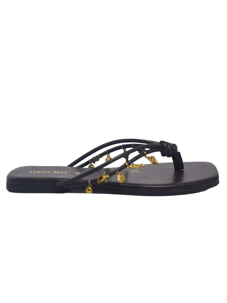 LUNA BLU Brown Gold Charm Embellished Flat Sandals