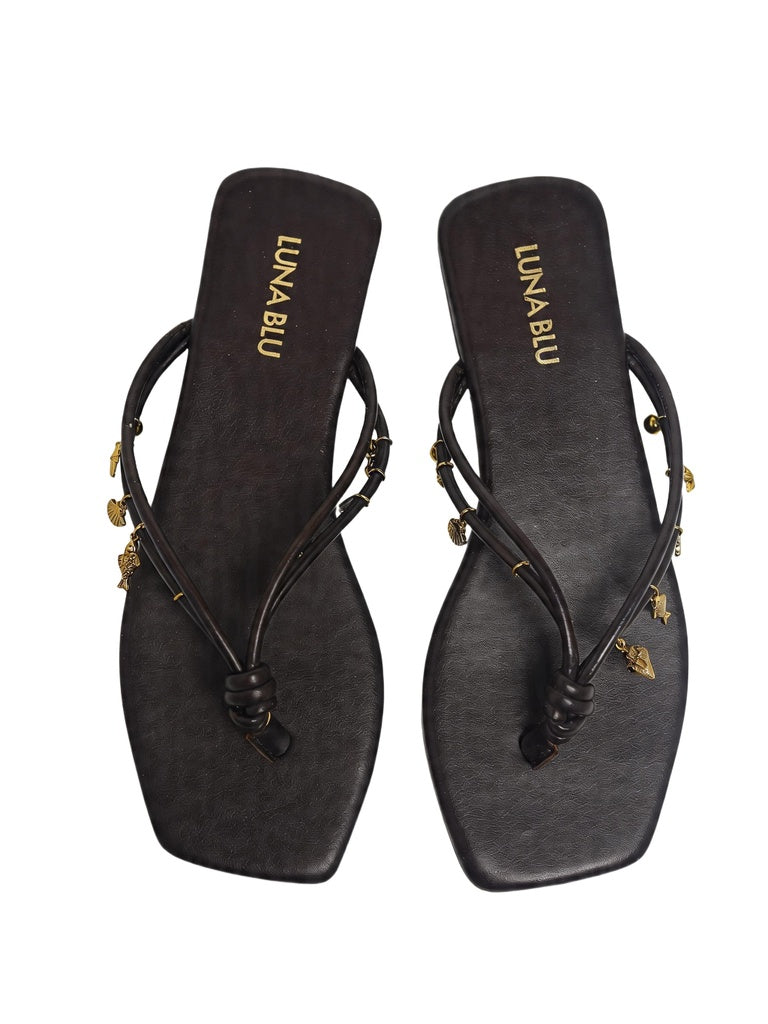 LUNA BLU Brown Gold Charm Embellished Flat Sandals