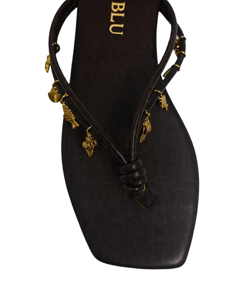 LUNA BLU Brown Gold Charm Embellished Flat Sandals