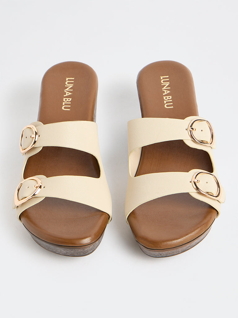 LUNA BLU Ivory Double-Buckle Block-Heel Sandals