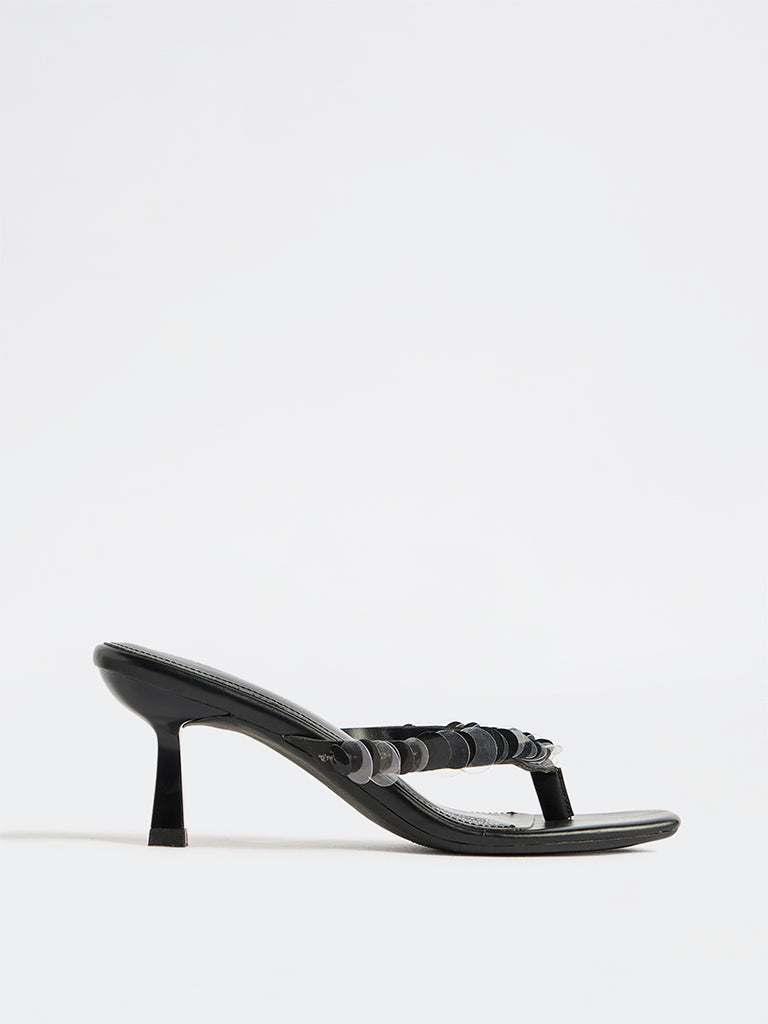 LUNA BLU Black Sequin-Detailed Thong-Strap Heel Sandals