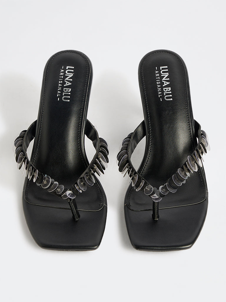 LUNA BLU Black Sequin-Detailed Thong-Strap Heel Sandals