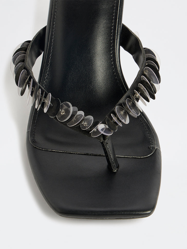 LUNA BLU Black Sequin-Detailed Thong-Strap Heel Sandals