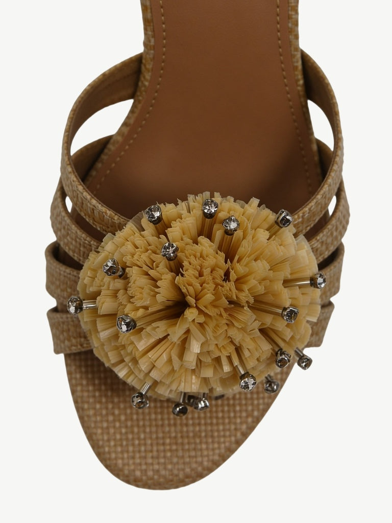 LUNA BLU Beige Raffia Flower Heel Sandals