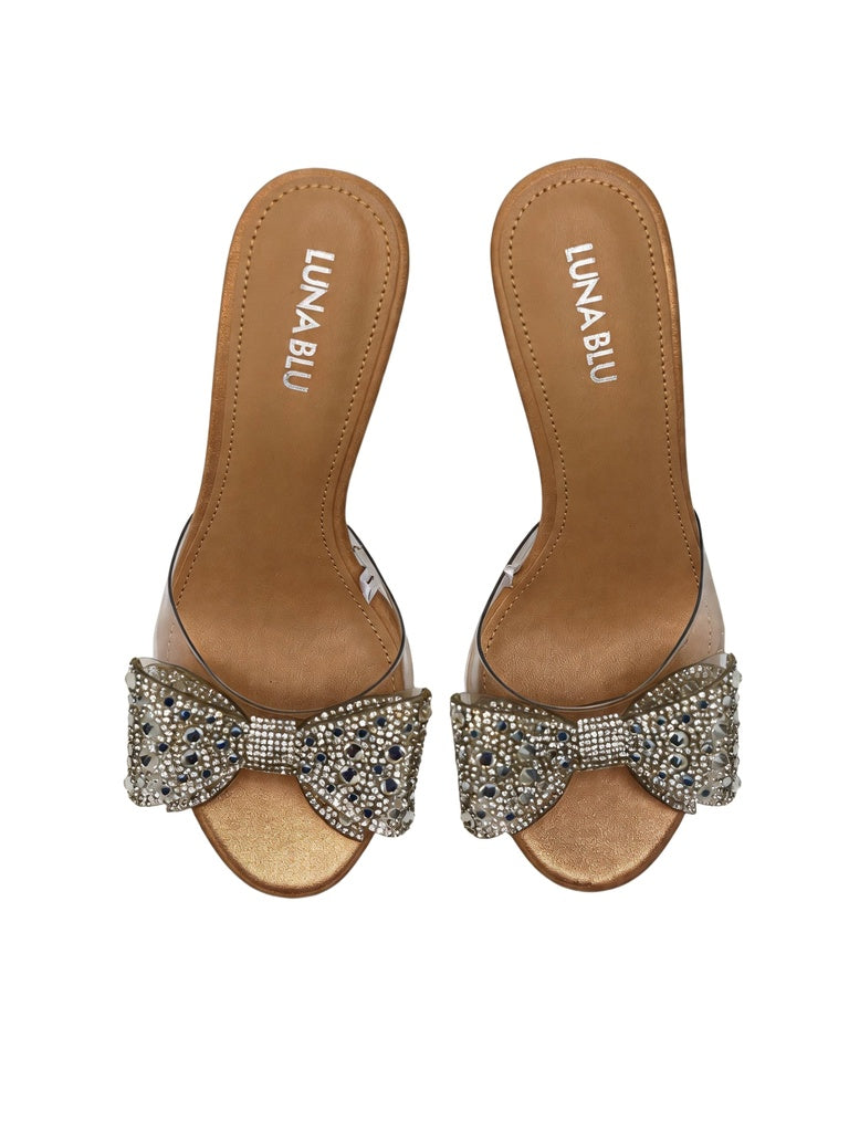 LUNA BLU Beige Rhinestone Bow Embellished Stiletto Sandals