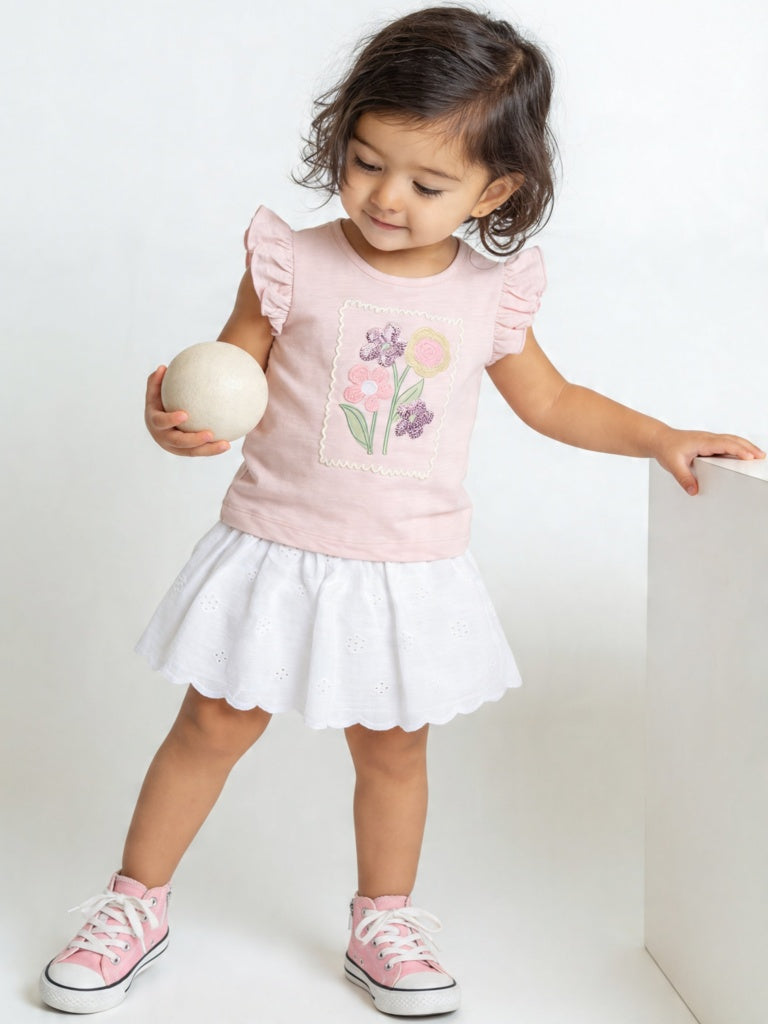 HOP Baby Girls Pink Floral Design Cotton Top and Skirt Set
