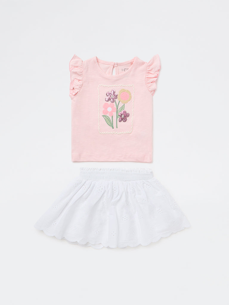 HOP Baby Girls Pink Floral Design Cotton Top and Skirt Set