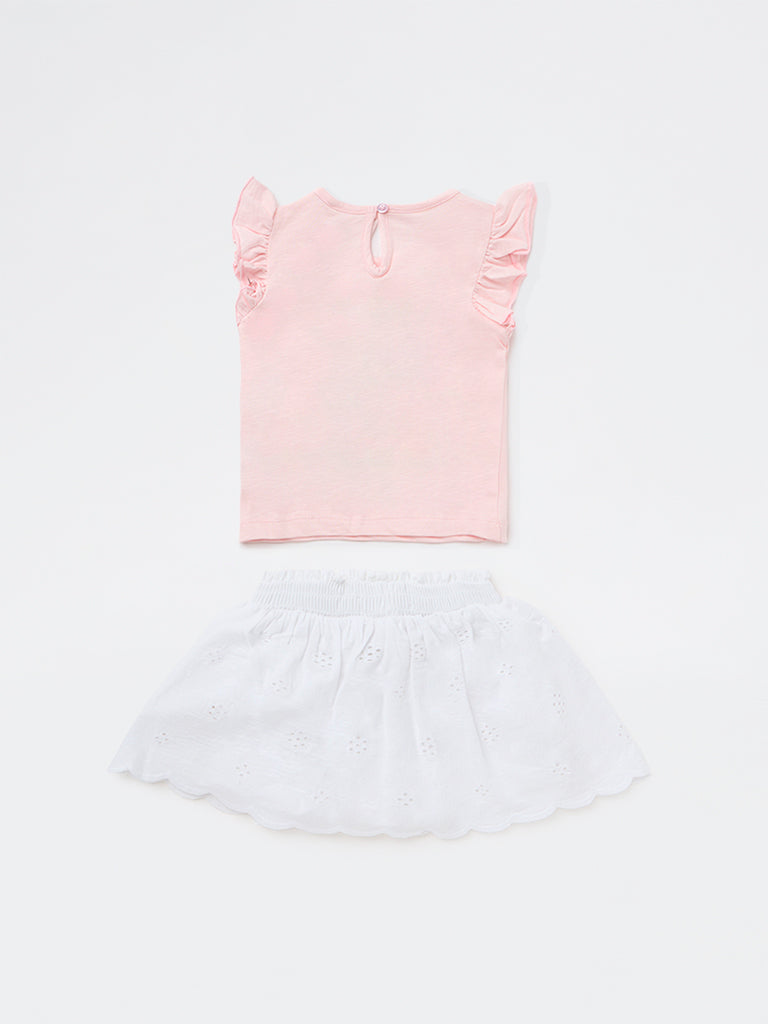 HOP Baby Girls Pink Floral Design Cotton Top and Skirt Set