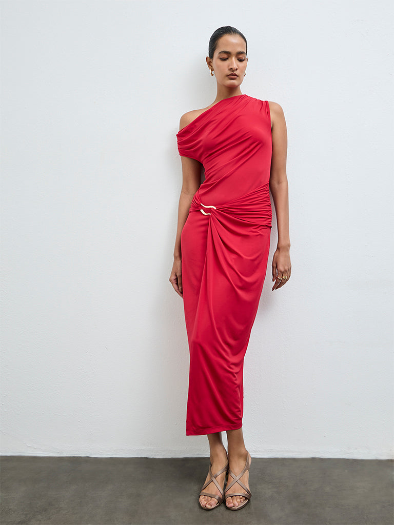 Wardrobe Red One-Shoulder Drape-Style Dress
