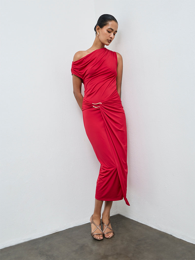 Wardrobe Red One-Shoulder Drape-Style Dress