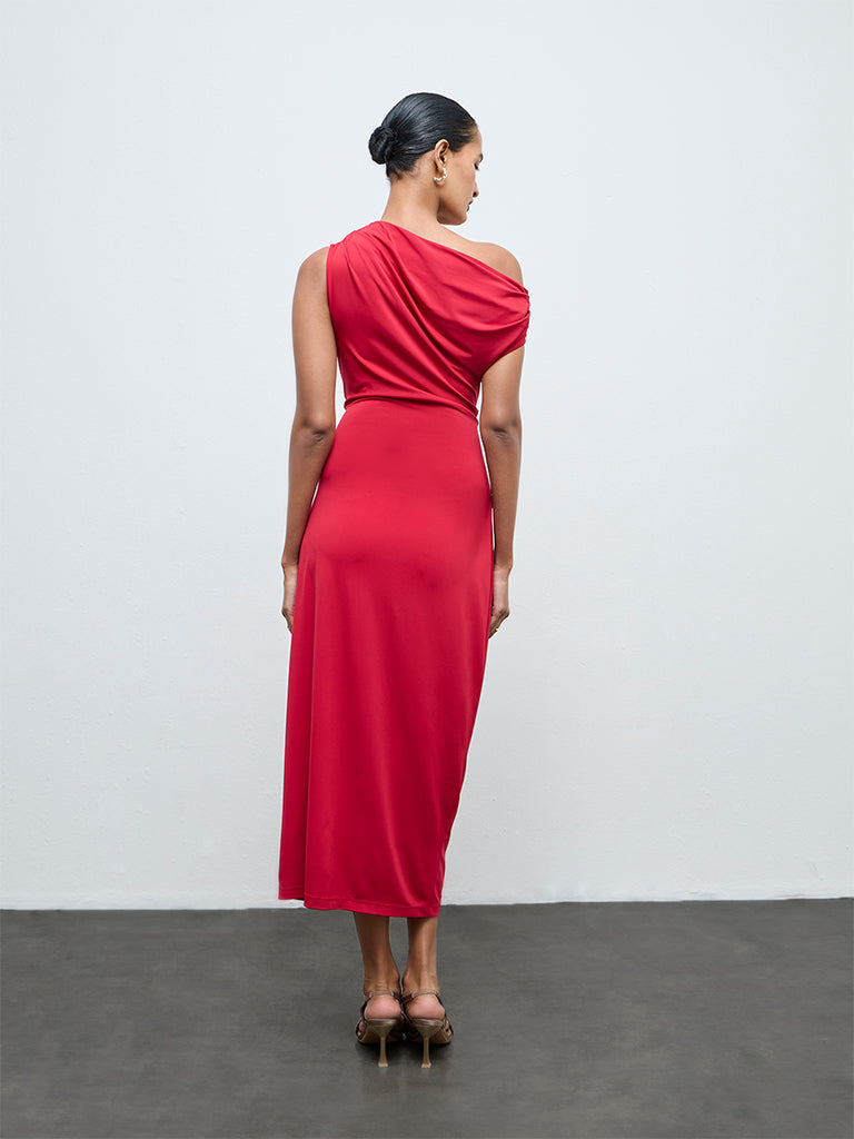 Wardrobe Red One-Shoulder Drape-Style Dress
