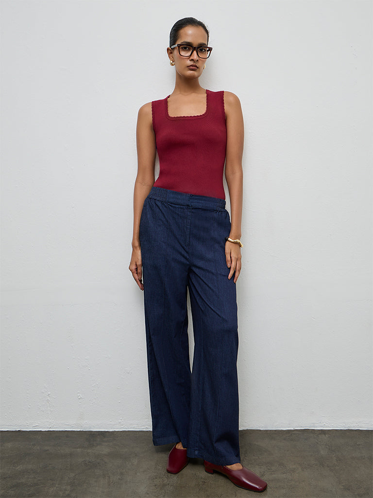 Wardrobe Maroon Ribbed-Textured Tank Top