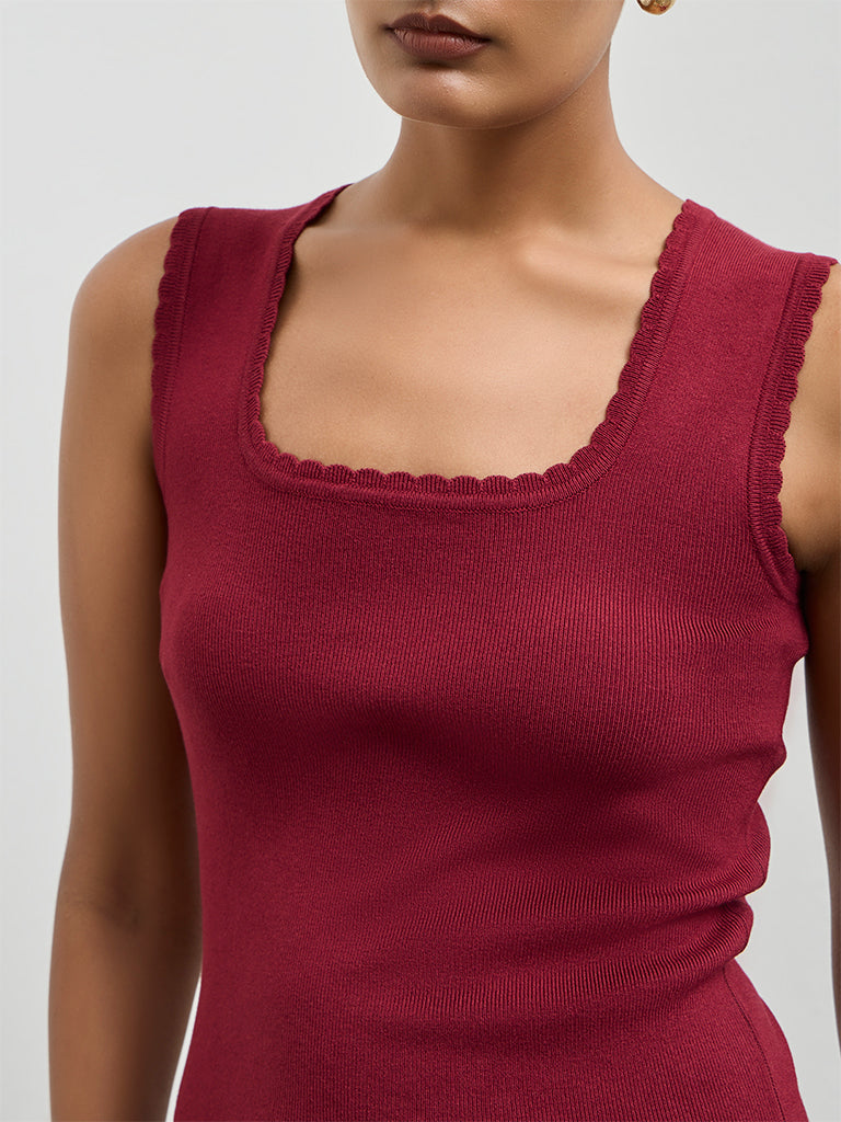Wardrobe Maroon Ribbed-Textured Tank Top