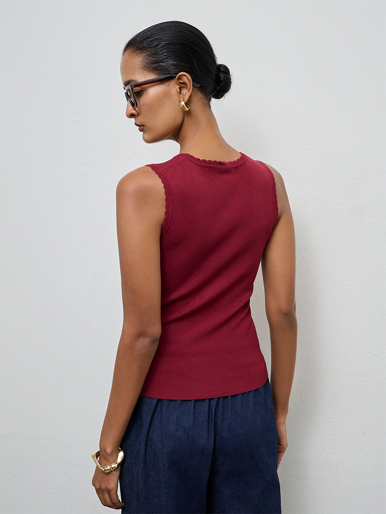 Wardrobe Maroon Ribbed-Textured Tank Top