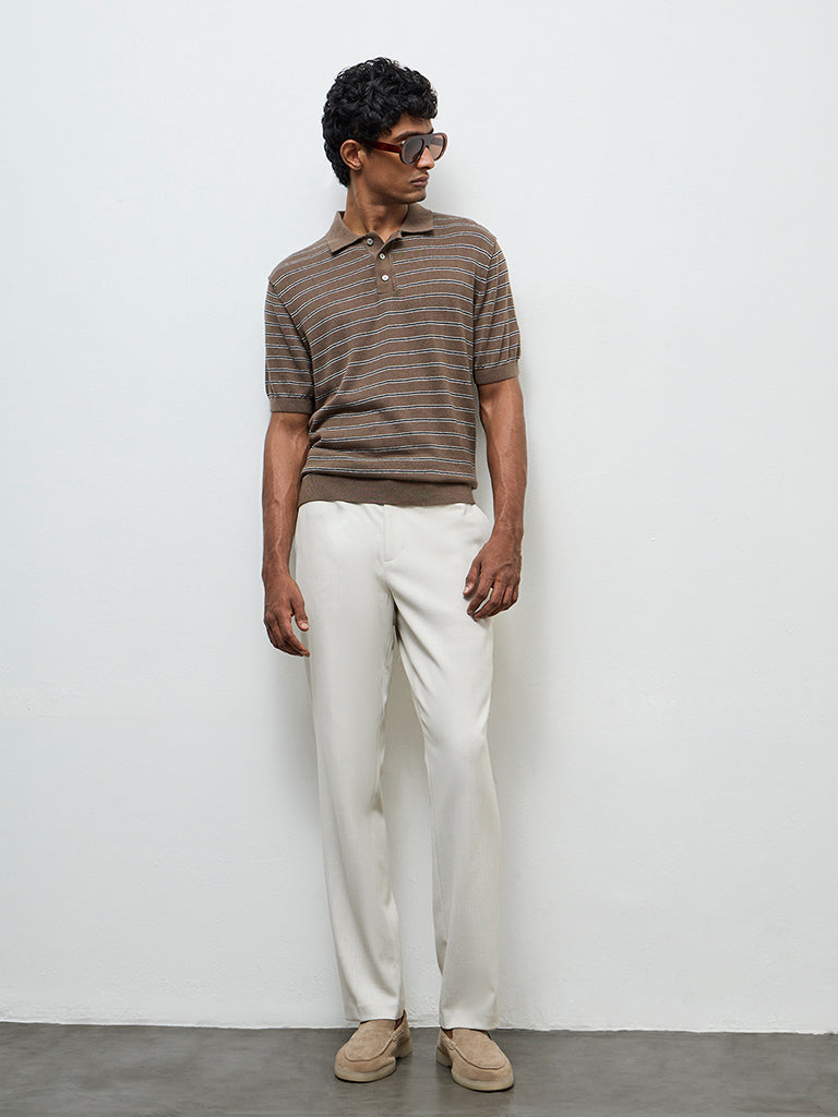 Ascot Brown Striped Relaxed-Fit Polo T-Shirt