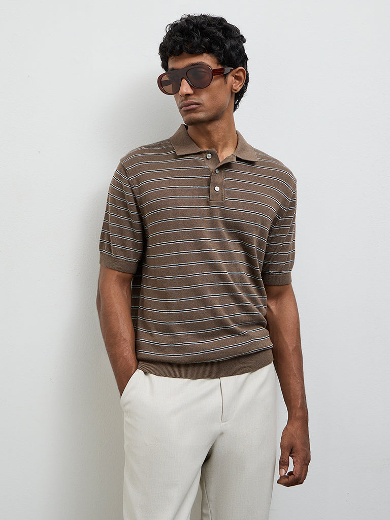 Ascot Brown Striped Relaxed-Fit Polo T-Shirt