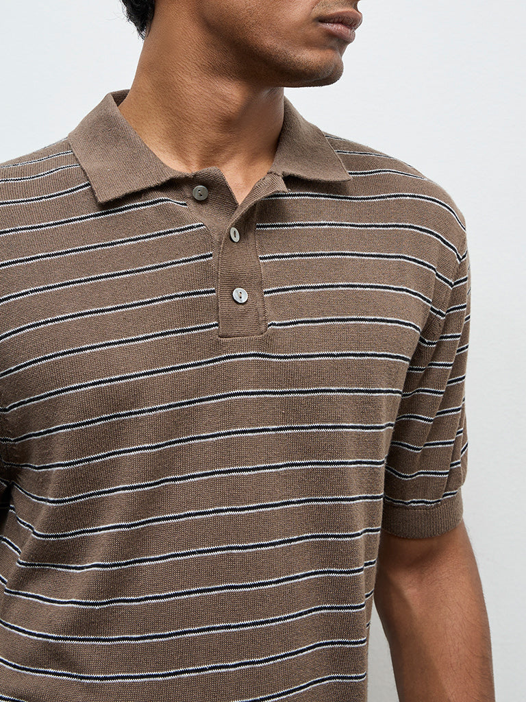Ascot Brown Striped Relaxed-Fit Polo T-Shirt