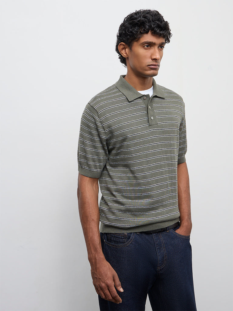 Ascot Olive Stripe Printed Relaxed-Fit Polo T-Shirt
