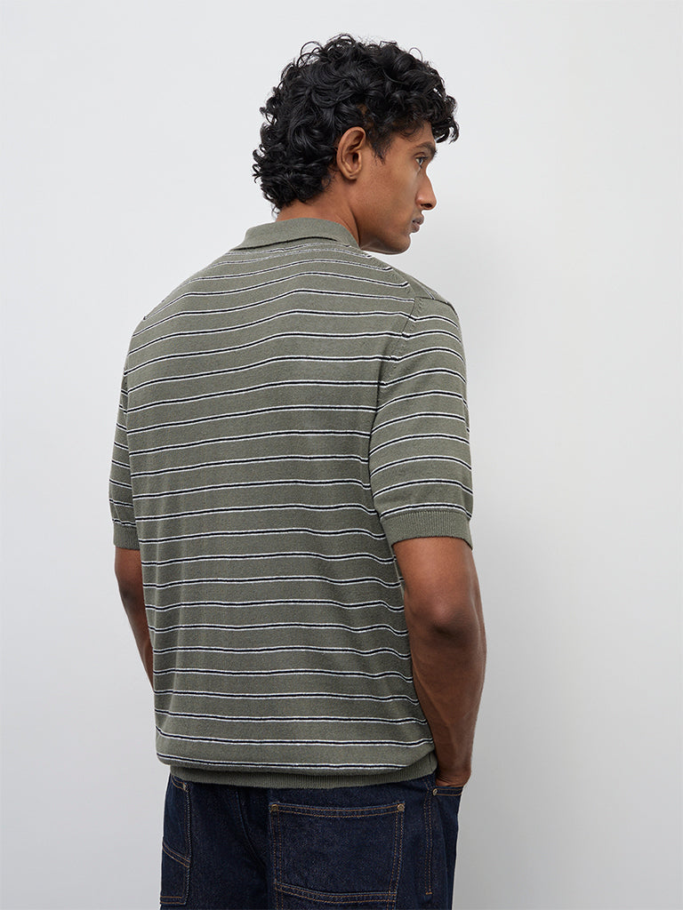 Ascot Olive Stripe Printed Relaxed-Fit Polo T-Shirt