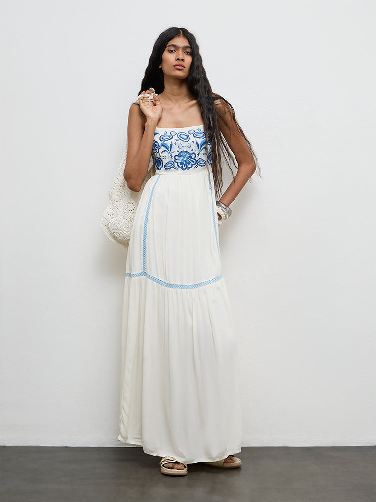 Bombay Paisley Off-White Embroidered Cotton-Blend A-Line Dress