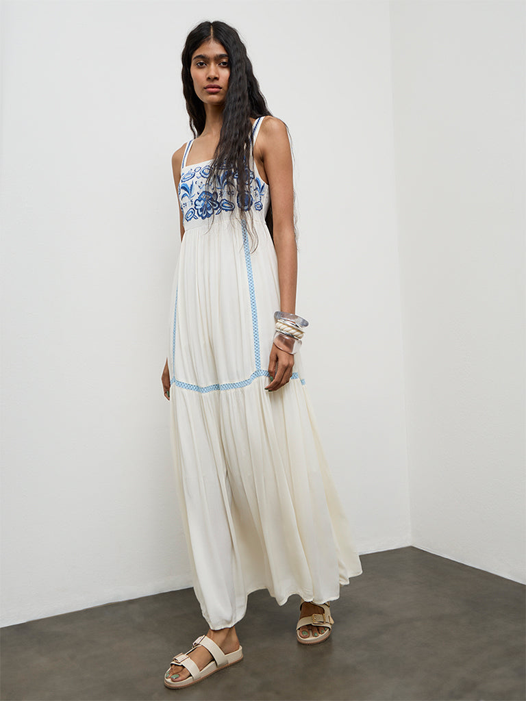Bombay Paisley Off-White Embroidered Cotton-Blend A-Line Dress