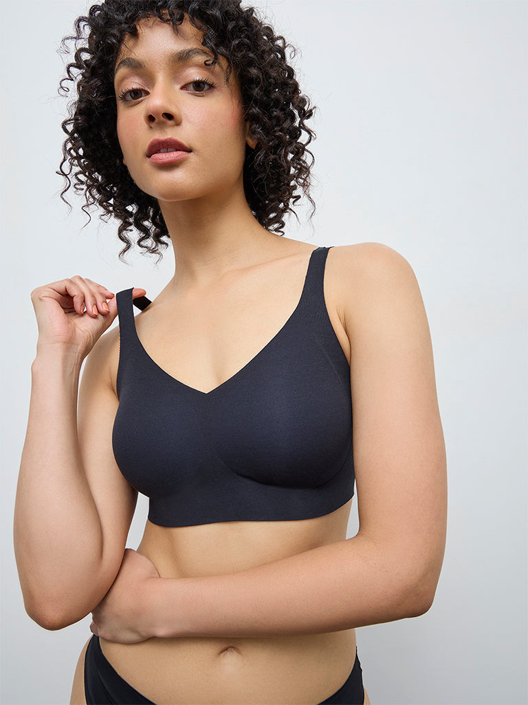 Wunderlove Black Invisible Cotton-Blend Padded Bra
