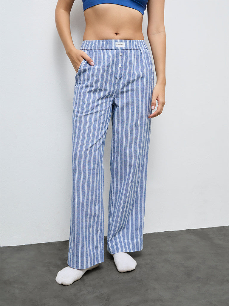Superstar Blue Striped High-Rise Cotton Pants