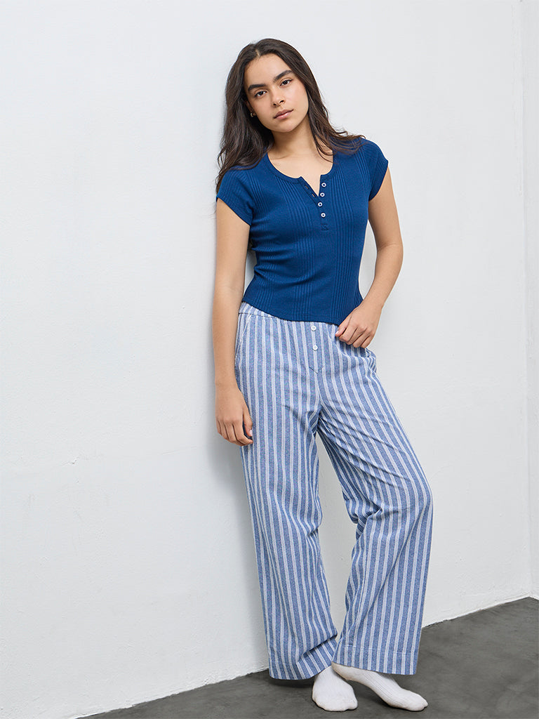 Superstar Blue Self-Striped Cotton-Blend Top