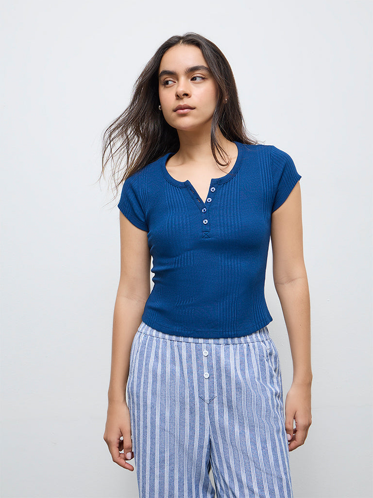 Superstar Blue Self-Striped Cotton-Blend Top