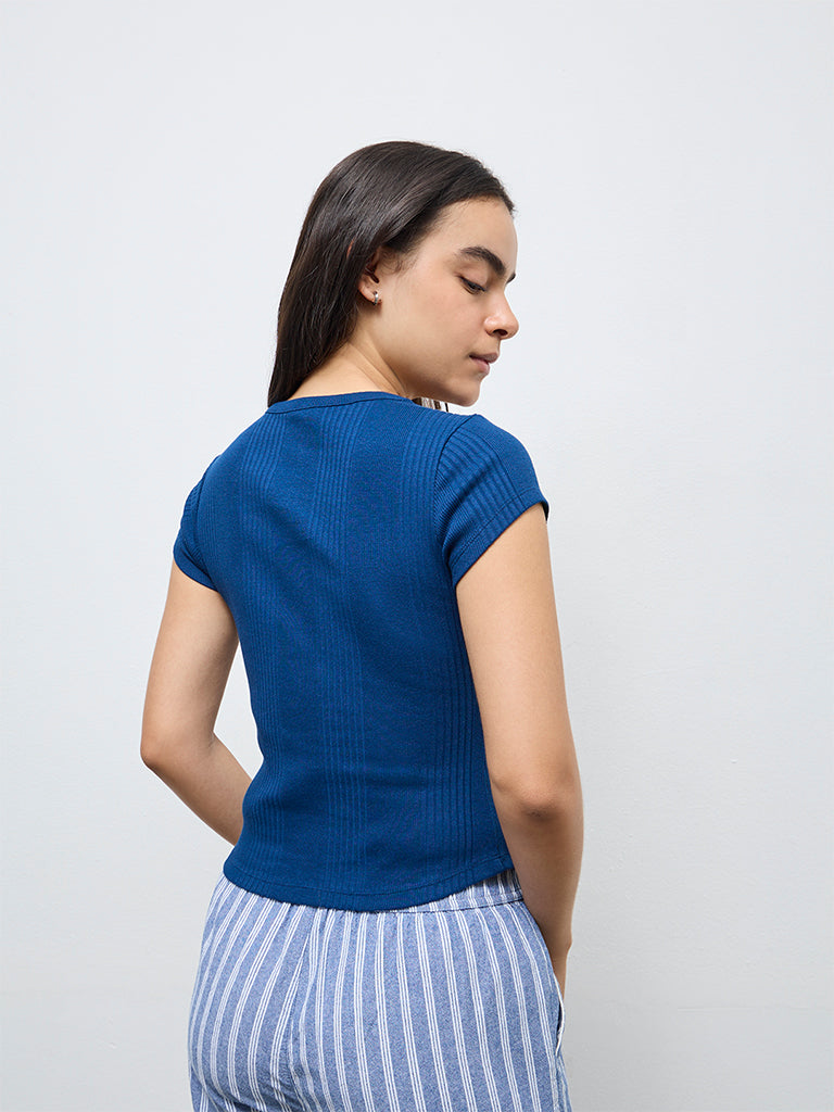 Superstar Blue Self-Striped Cotton-Blend Top