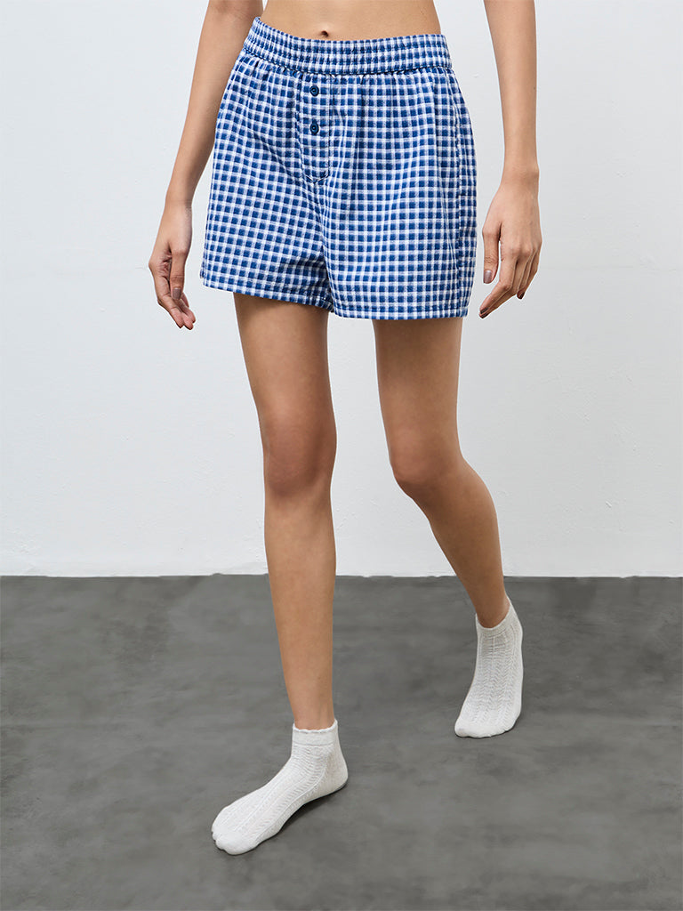 Superstar Blue Checkered High-Rise Cotton Shorts