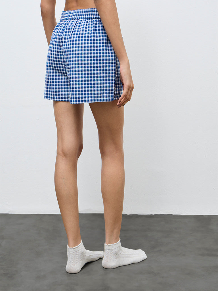 Superstar Blue Checkered High-Rise Cotton Shorts