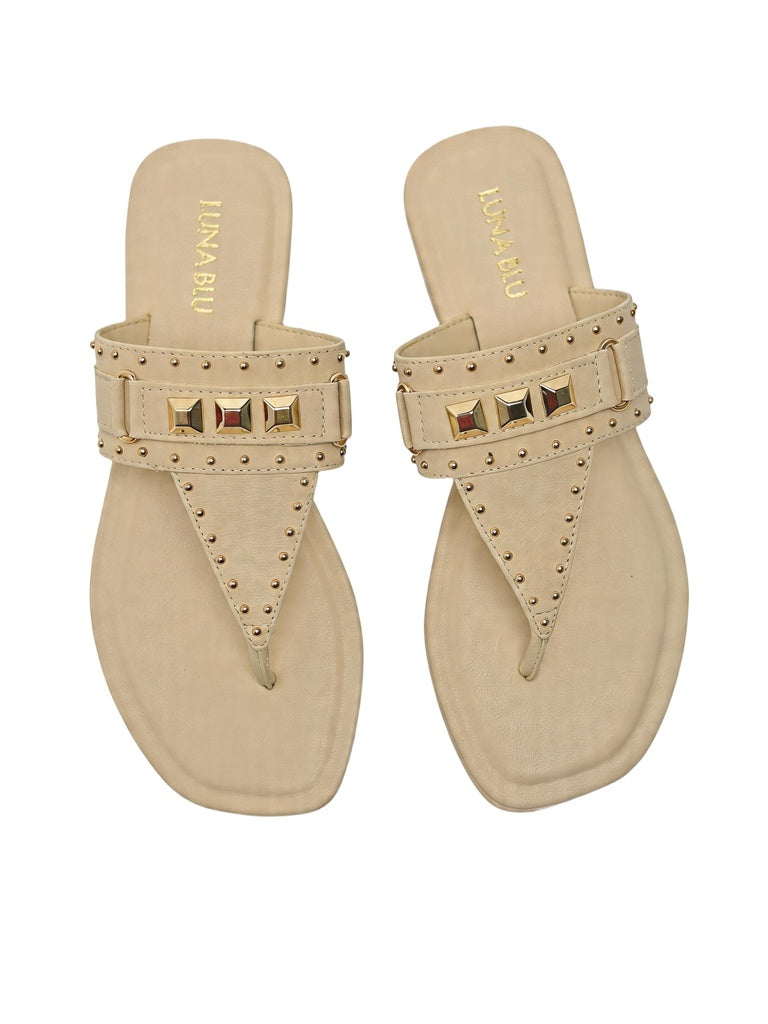 LUNA BLU Ivory Stud Detail Flat Sandals