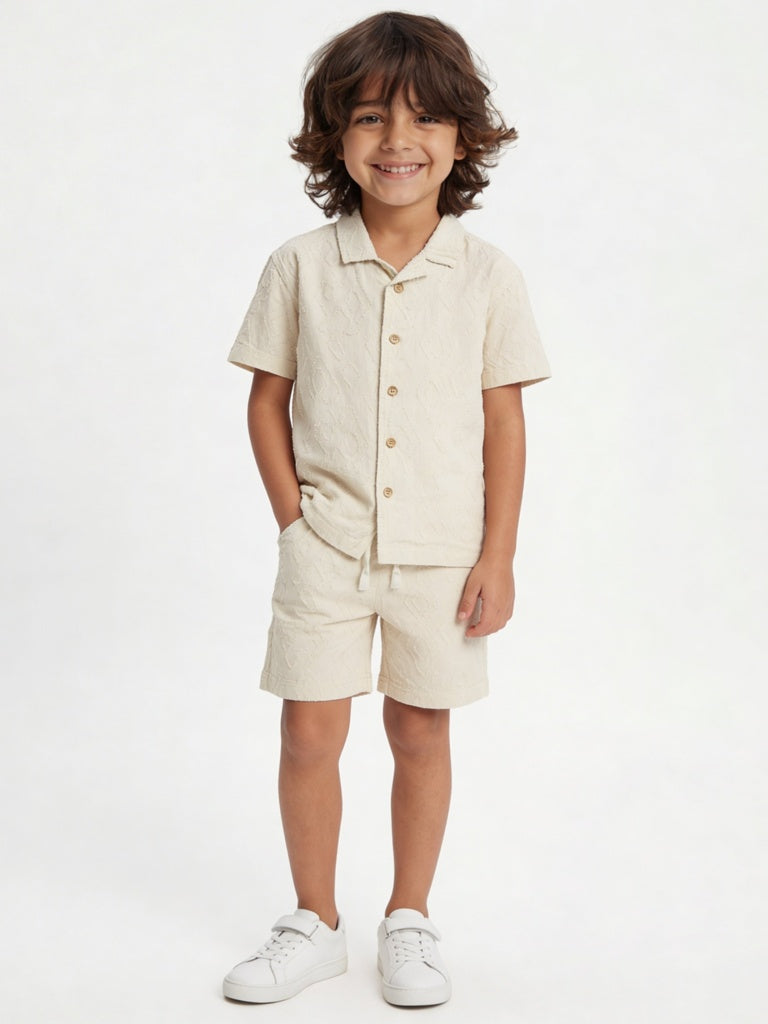 HOP Kids Boys Off-White Cotton Shirt with Shorts Set