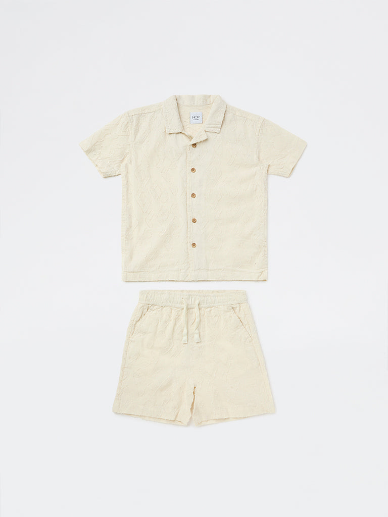 HOP Kids Boys Off-White Cotton Shirt with Shorts Set